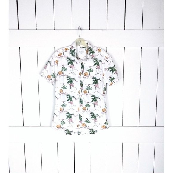 Mens flamingo tropical palm tree button down Hawaiian shirt - Picture 1 of 4